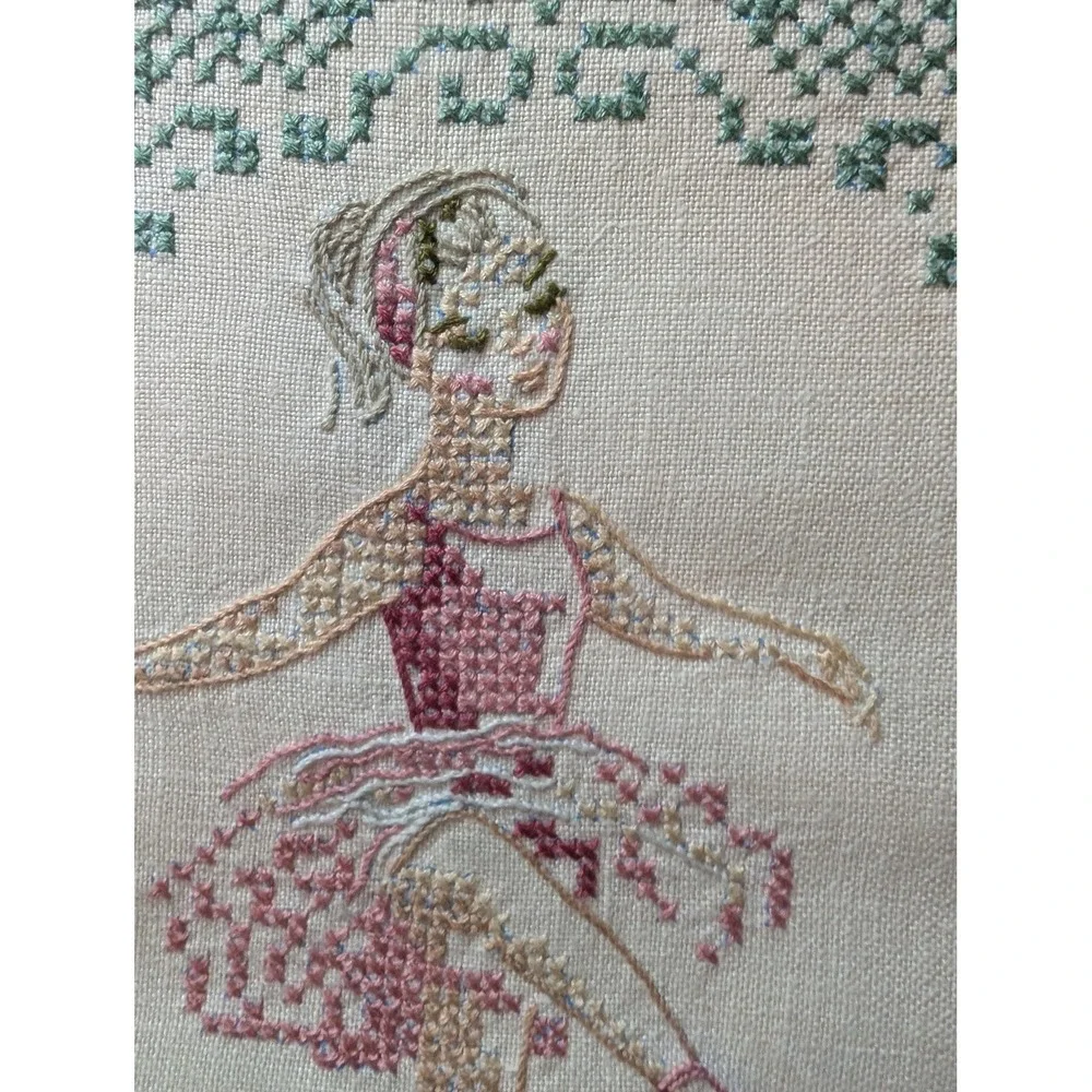 1968‎ Vintage toe point ballerina hand-stitched on linen in frame